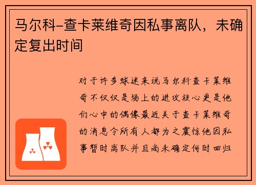 马尔科-查卡莱维奇因私事离队,未确定复出时间